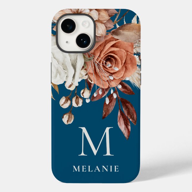 Terracotta Florals Monogramm Anfangsname Türkis Case-Mate iPhone Hülle (Rückseite)
