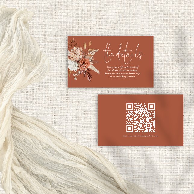 Terracotta Florals QR Code Rost Wedding Details Begleitkarte (Front and back view)
