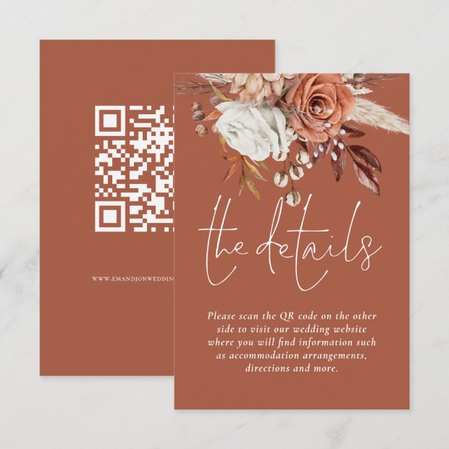 Terracotta Florals QR Code Rost Wedding Details Begleitkarte (Vorne/Hinten)