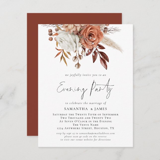 Terracotta Florals QR Code Wedding Abend Party Einladung (Vorne/Hinten)