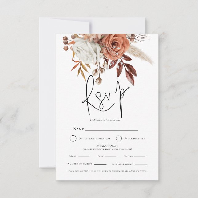 Terracotta Florals QR Essenswahl Wedding RSVP Karte (Vorderseite)