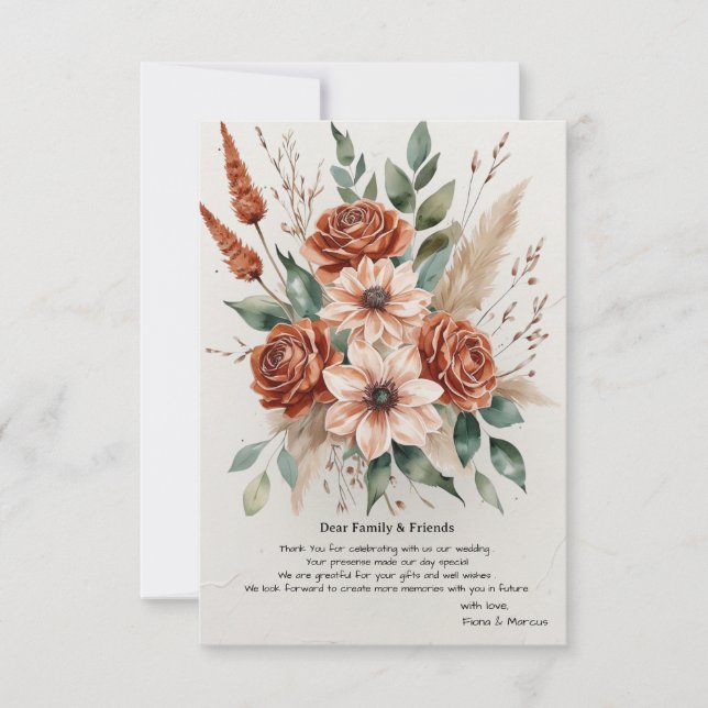 Terracotta Florals Rustic Boho Wedding Dankeskarte (Vorderseite)