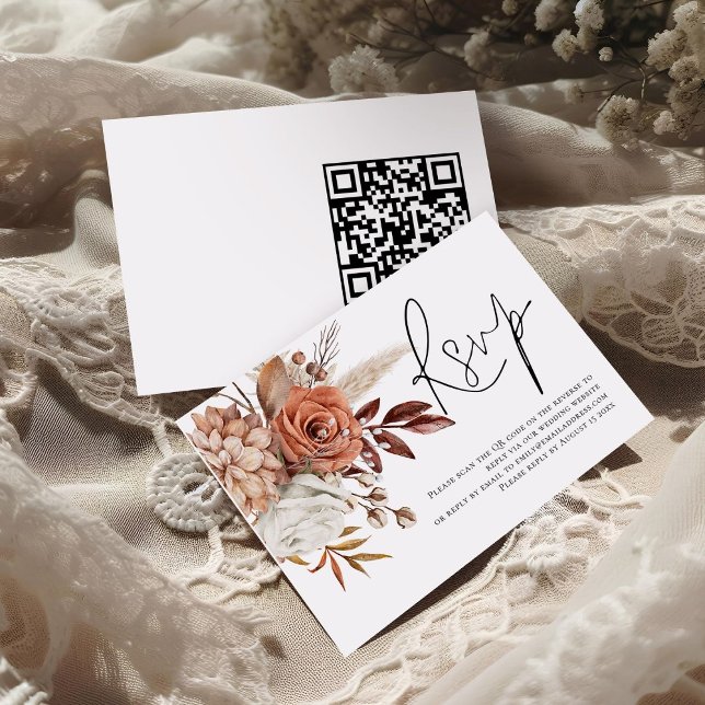 Terracotta Florals Script QR Code Wedding RSVP (front and back view)