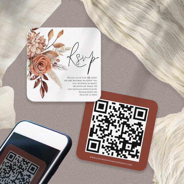 Terracotta Florals Script QR Code Wedding RSVP Begleitkarte (Front and back view)