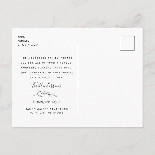 Terracotta Foliage Beerdigung Danke Name & Datum Postkarte (Rückseite)