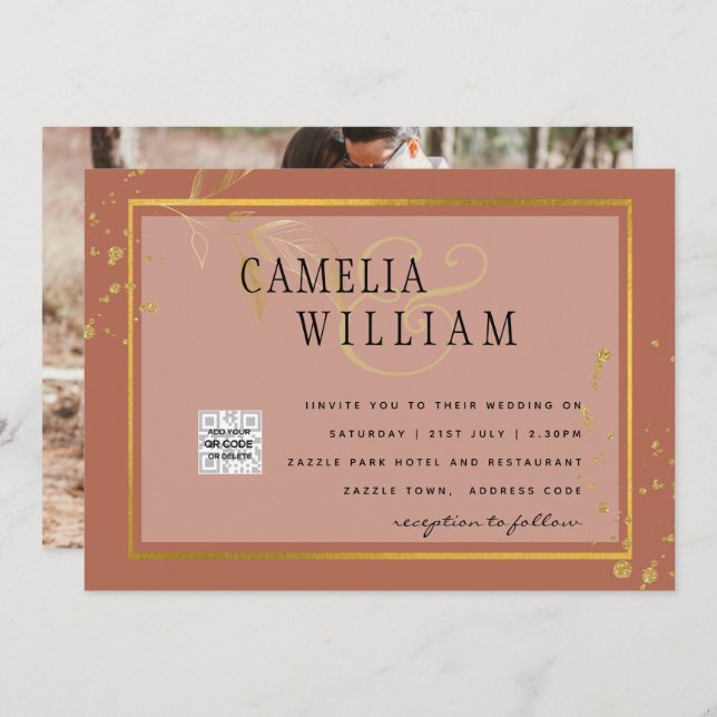 Terracotta FOTO QR CODE Hochzeit Einladung Retten  (Vorne/Hinten)