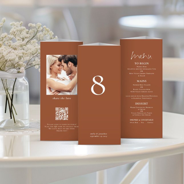 Terracotta Foto Wedding Menu Table No Trifold (Von Creator hochgeladen)