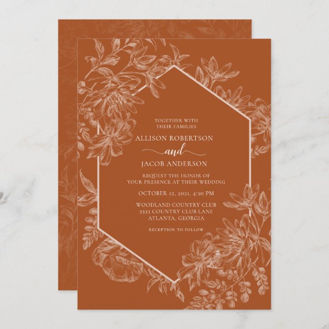 Terracotta Geometric Floral Wedding All in one Einladung (Vorne/Hinten)