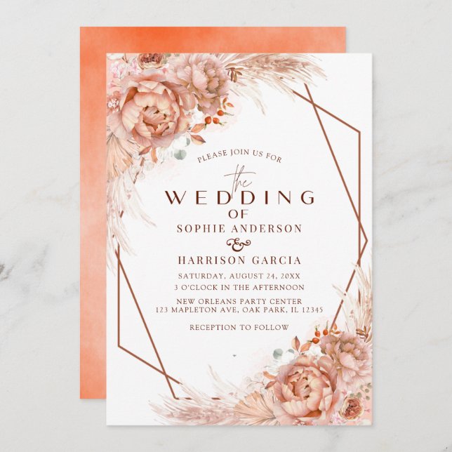 Terracotta Geometric Pampas Grass Wedding Einladung (Vorne/Hinten)