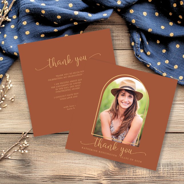 Terracotta Gold Arch Foto Abschluss Vielen Dank (Terracotta Gold Arch Photo Graduation Thank You Card)