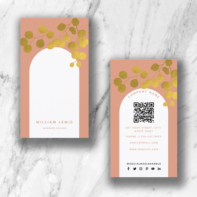 Terracotta Gold Blätter Moderner Arch QR Code Visitenkarte (Von Creator hochgeladen)