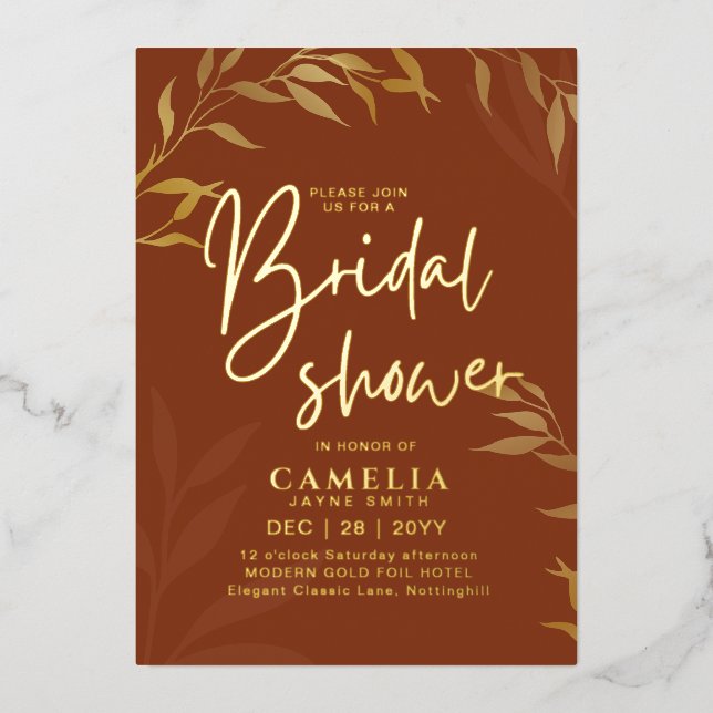 Terracotta-Gold-Foil-Blätter BRAUTPARTY QR-Code Folieneinladung (Vorderseite)