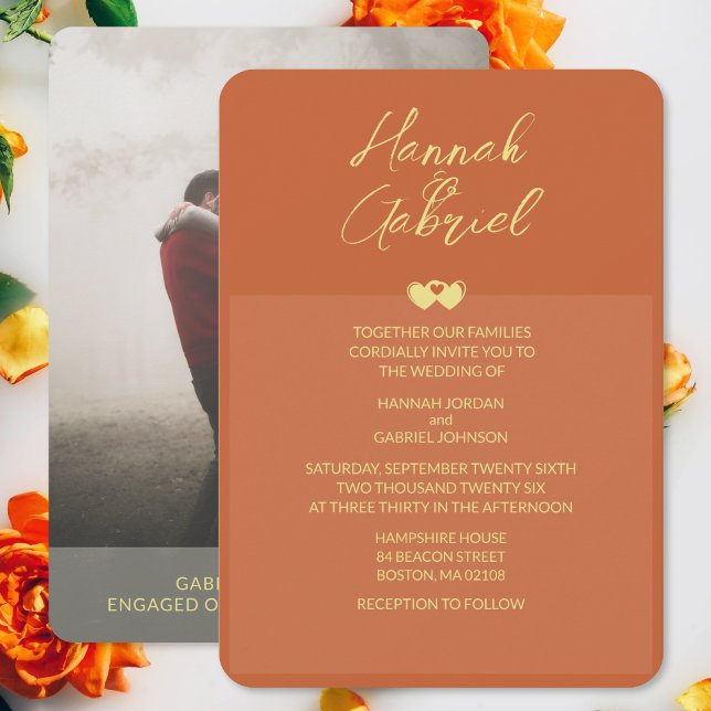 Terracotta Gold Foto Hochzeit Einladung (The front and back of the Terracotta Gold Add Photo Wedding Invitation)