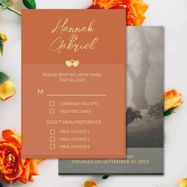 Terracotta Gold Foto Wedding RSVP Response Card Karte (The front and back of the Terracotta Gold wedding RSVP card)