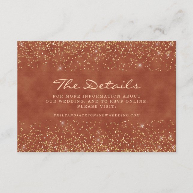 Terracotta Gold Glitzer Hochzeiten Details Begleitkarte (Vorderseite)