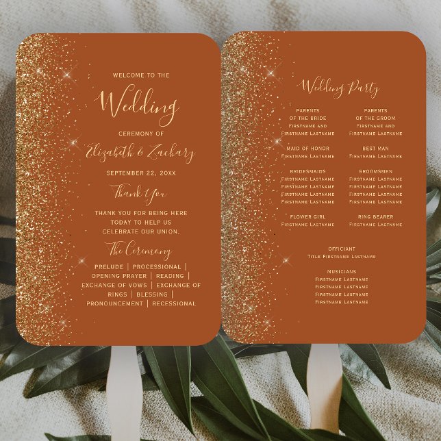 Terracotta Gold Glitzer Wedding Program Fächer (Von Creator hochgeladen)