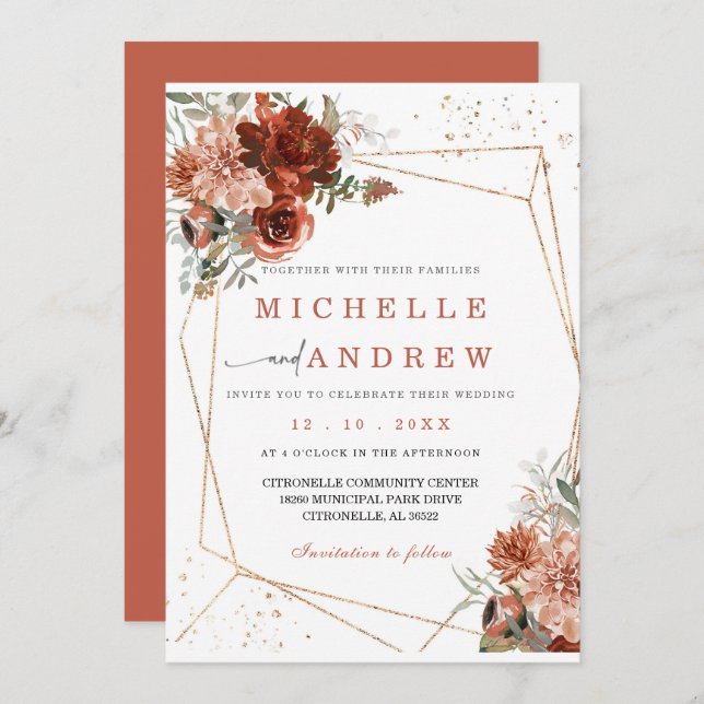 Terracotta Gold Hochzeitsvorlage Einladung (Vorne/Hinten)