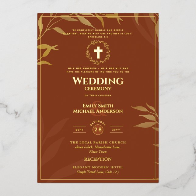 Terracotta Gold Katholische Hochzeit Folieneinladung (Vorderseite)