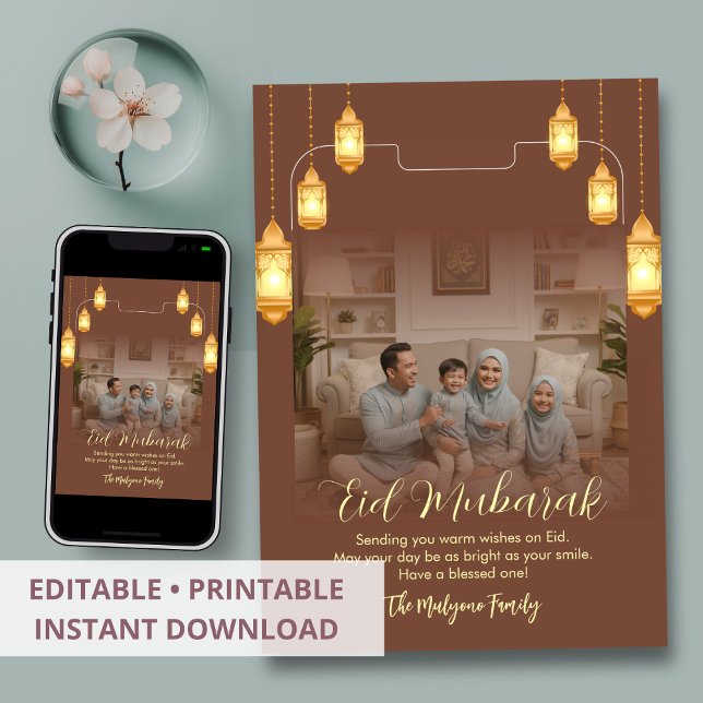 Terracotta Gold Lanterns Family Photo Eid Mubarak  Feiertagskarte (Von Creator hochgeladen)