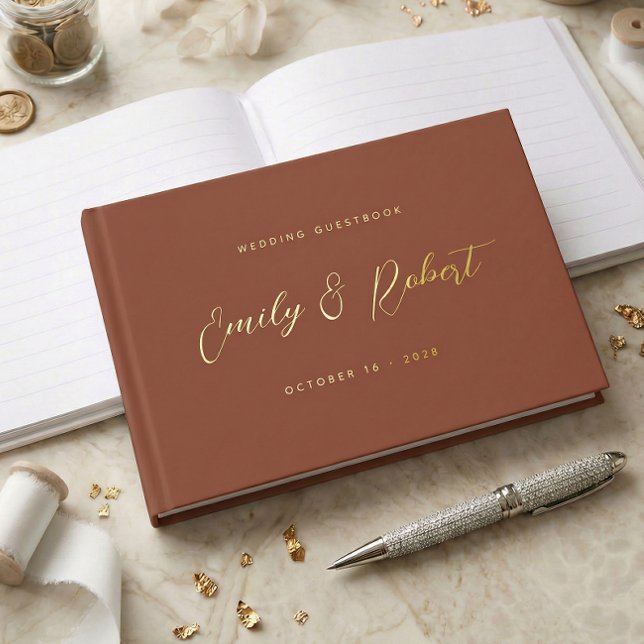Terracotta Gold Script Modernes Foto Hochzeit Gästebuch (Von Creator hochgeladen)