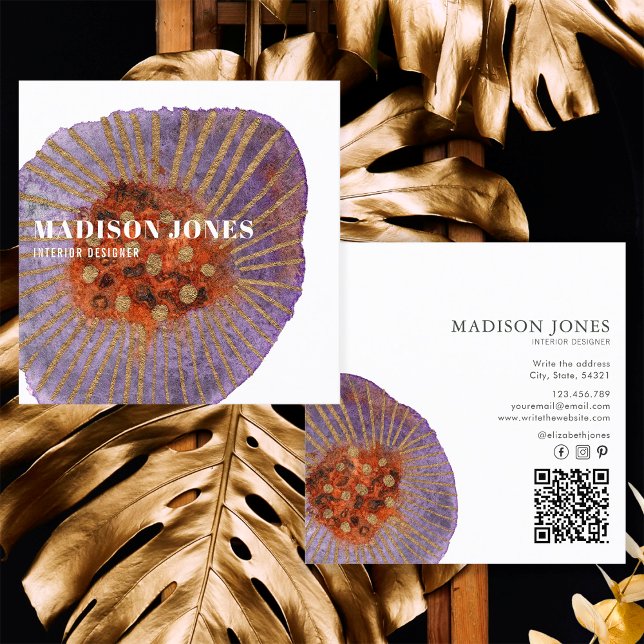 Terracotta Gold Watercolor Räume Designer Quadratische Visitenkarte (Front and Back)