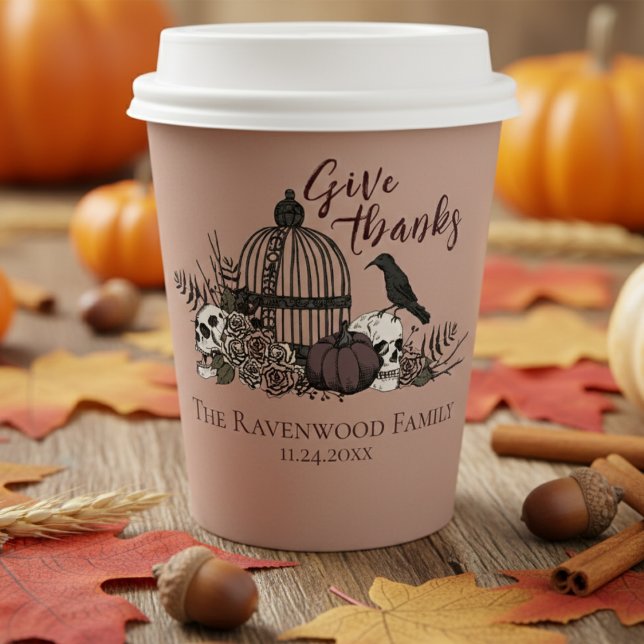Terracotta Gothic Skulls & Rose Danke Fall Pappbecher (Fall Terracotta Give Thanks Gothic Thanksgiving Paper Cups. Vintage Skull, Birdcage, Pumpkin & Rose)