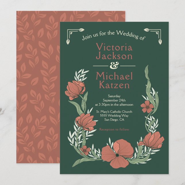Terracotta & Green Craftsman Floral Wedding Einladung (Vorne/Hinten)