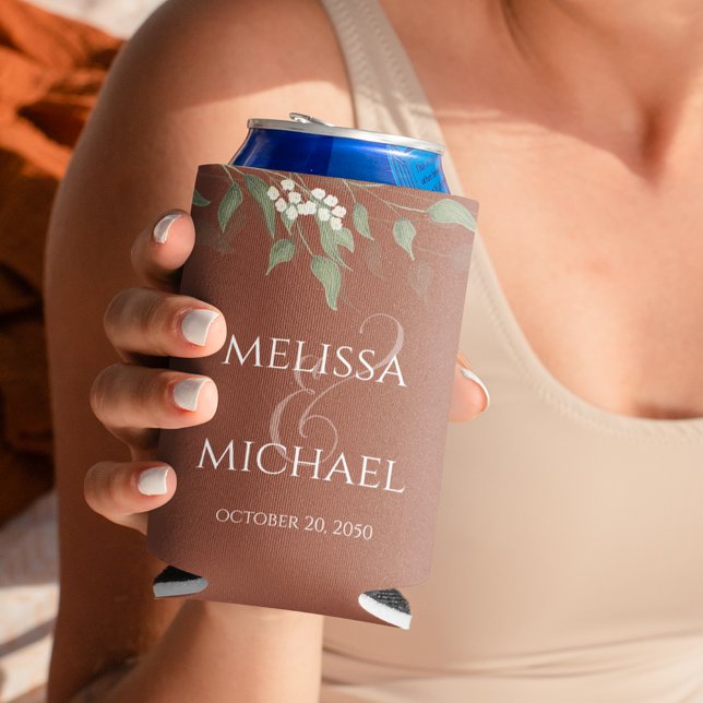 Terracotta Greenerenery Script Wedding Custom Dosenkühler (Terracotta floral greenery wedding can cooler. )