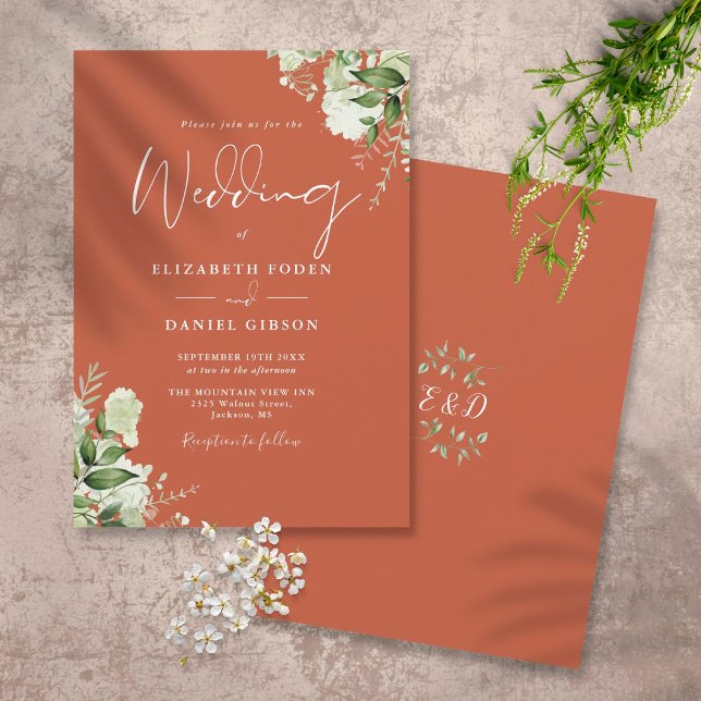 Terracotta Greenerity Blätter Monogram Wedding Einladung (Von Creator hochgeladen)