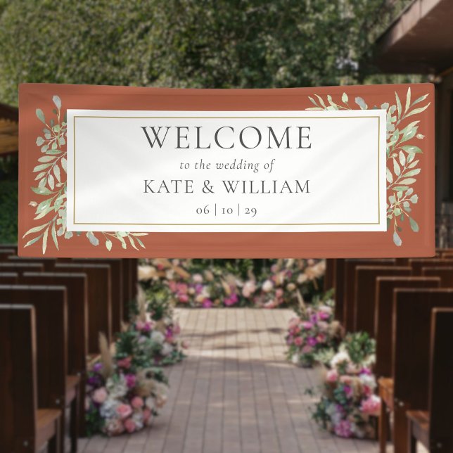 Terracotta Greenerity Foliage Wedding Willkommen Banner (Terracotta Greenery Foliage Wedding Welcome Banner)