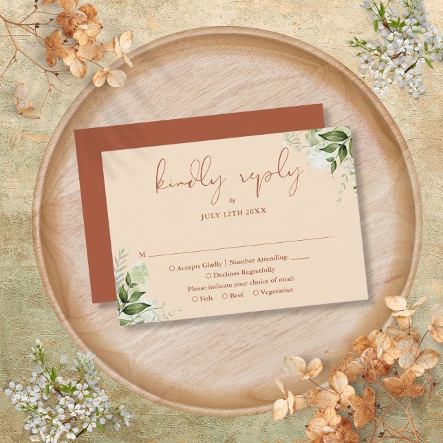 Terracotta Greenery Elegante Script Wedding RSVP Karte (Terracotta Greenery Elegant Script Wedding RSVP Card)