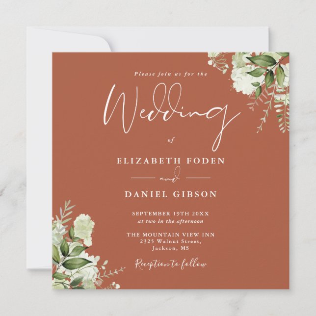 Terracotta Greenery Floral Monogram Square Wedding Einladung (Vorderseite)