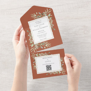 Terracotta Greenery Floral QR Code Wedding All In One Einladung
