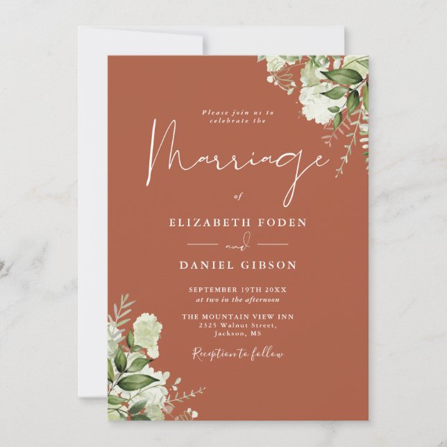 Terracotta Greenery Floral QR Code Wedding Einladung (Vorderseite)