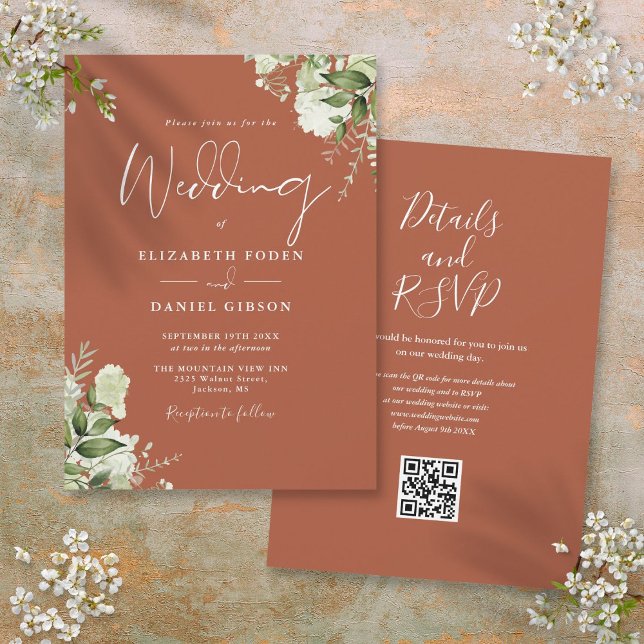 Terracotta Greenery Floral QR Code Wedding Einladung (Terracotta Greenery Floral QR Code Wedding Invitation)