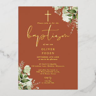 Terracotta Greenery Monogram Baptism Gold Folieneinladung