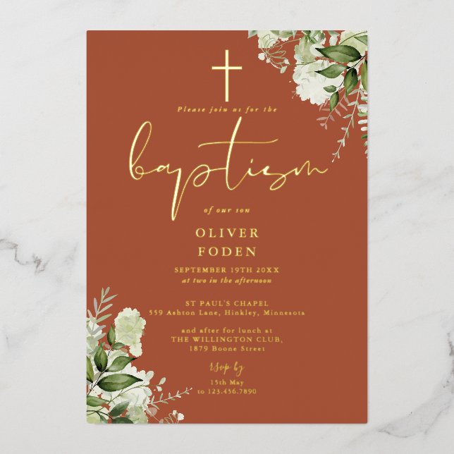 Terracotta Greenery Monogram Baptism Gold Folieneinladung (Vorderseite)
