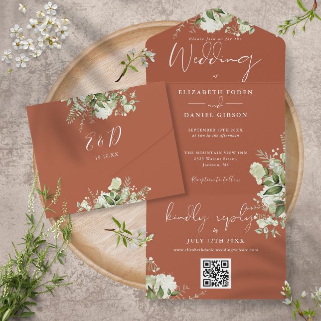 Terracotta Greenery QR Code Monogram Wedding All In One Einladung (Von Creator hochgeladen)