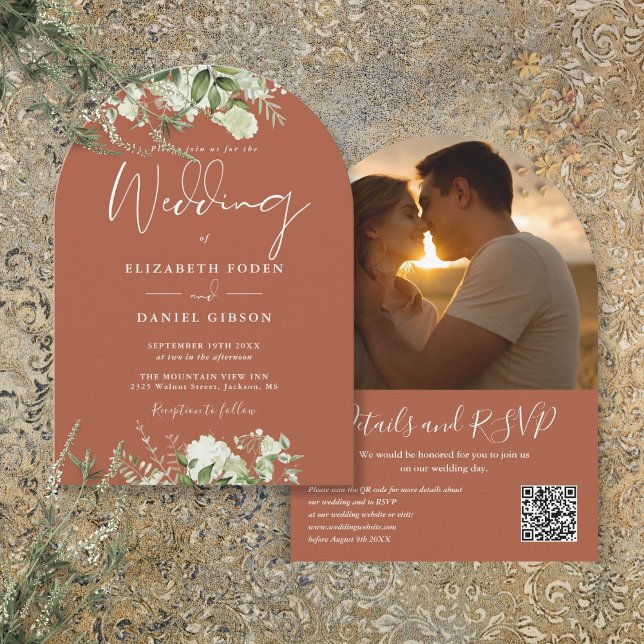 Terracotta Greenery QR Foto Arch Wedding Einladung (Terracotta Greenery QR Code Photo Arch Wedding Invitation)