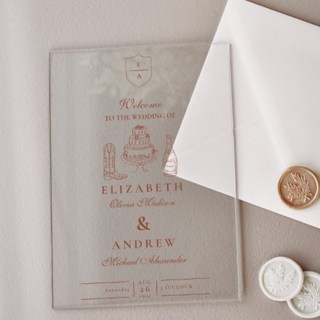 Terracotta Hand Drawn Funky Western Doodle Wedding Acryleinladungen (Von Creator hochgeladen)