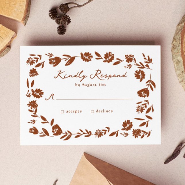 Terracotta Hand Drawn Whimsical Blume Hochzeit RSVP Karte (Von Creator hochgeladen)