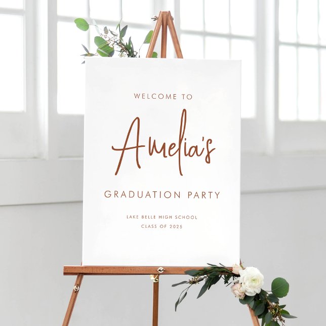 Terracotta Handwriting Graduation Party Willkommen Poster (Customizable boho graduation party welcome sign featuring terracotta handwriting. )