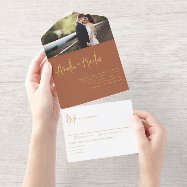 Terracotta Handwriting Typography Photo Wedding All-in-One-Einladung (Abreißstreifen)