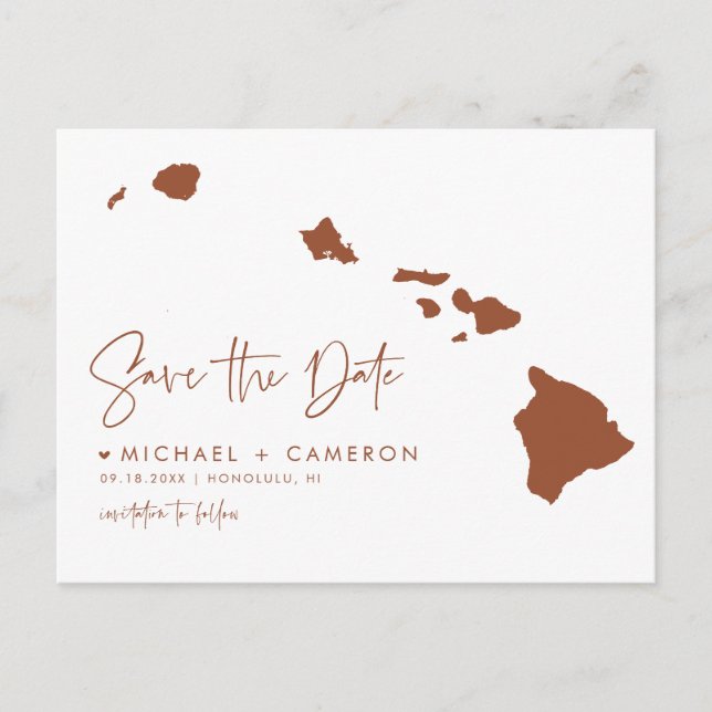Terracotta Hawaii Map Modern Script Save the Date Ankündigungspostkarte (Vorderseite)