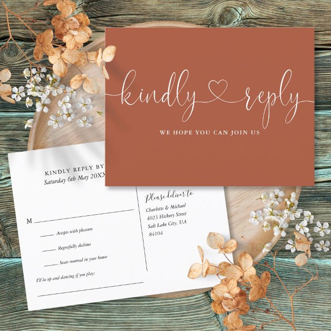 Terracotta Heftskriptaufforderung UAWG Einladungspostkarte (Terracotta Heart Script Song Request RSVP Invitation Postcard)