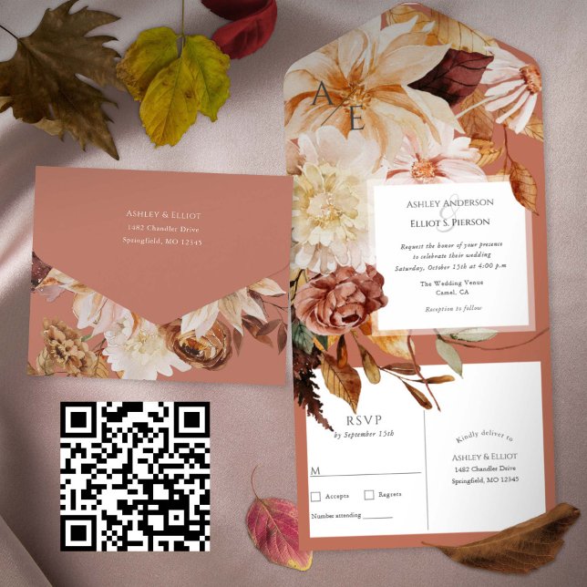 Terracotta Herbst Elegante, Hochzeiten im Herbst All In One Einladung (Terracotta Fall wedding invitation with postcard rsvp. Watercolor Floral Autumn Wedding invites.)