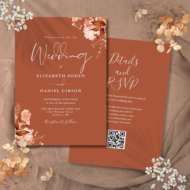 Terracotta Herbst Floral QR Code Hochzeit Einladung (Terracotta Autumn Fall Floral QR Code Wedding Invitation)