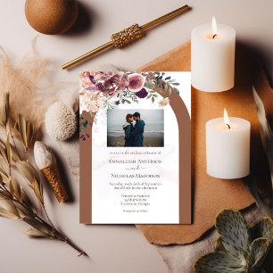 Terracotta Herbstflora mit Foto Hochzeit Einladung