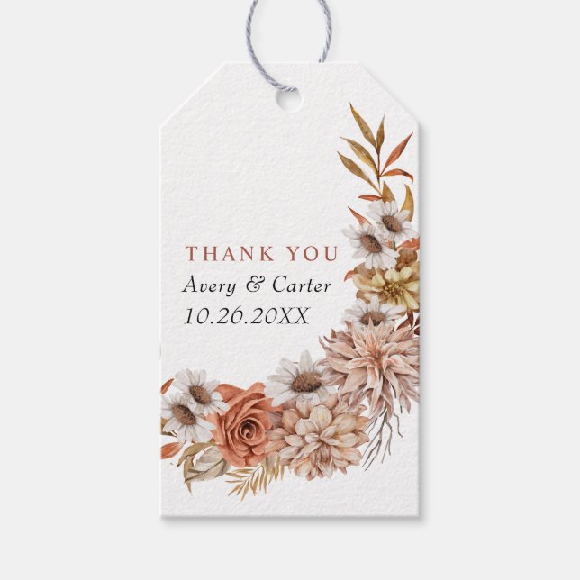 Terracotta Herbstliche Blume und Blätter Hochzeit  Geschenkanhänger (Vorderseite)