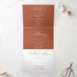 Terracotta Herz-Script-Hochzeit Dreifach Gefaltete Einladung